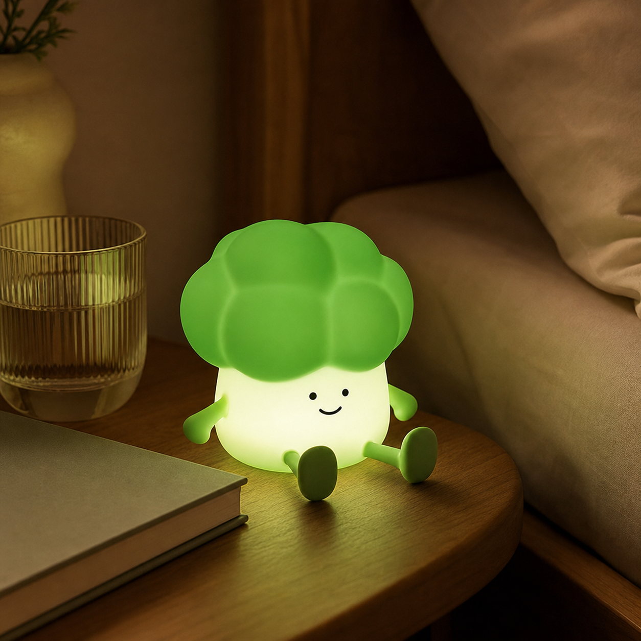 Brócoli Glow encendido en una mesita de noche