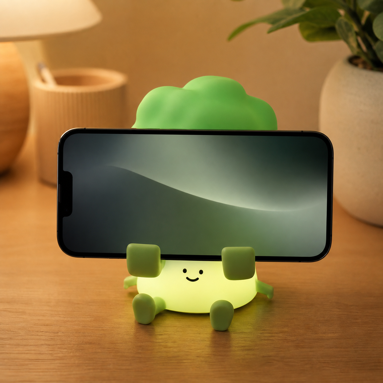 Brócoli Glow funcionando como soporte para móvil